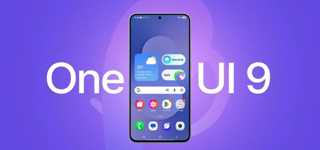 Samsung One UI 9 promotional banner showing a Galaxy smartphone with the new interface design on a purple gradient background